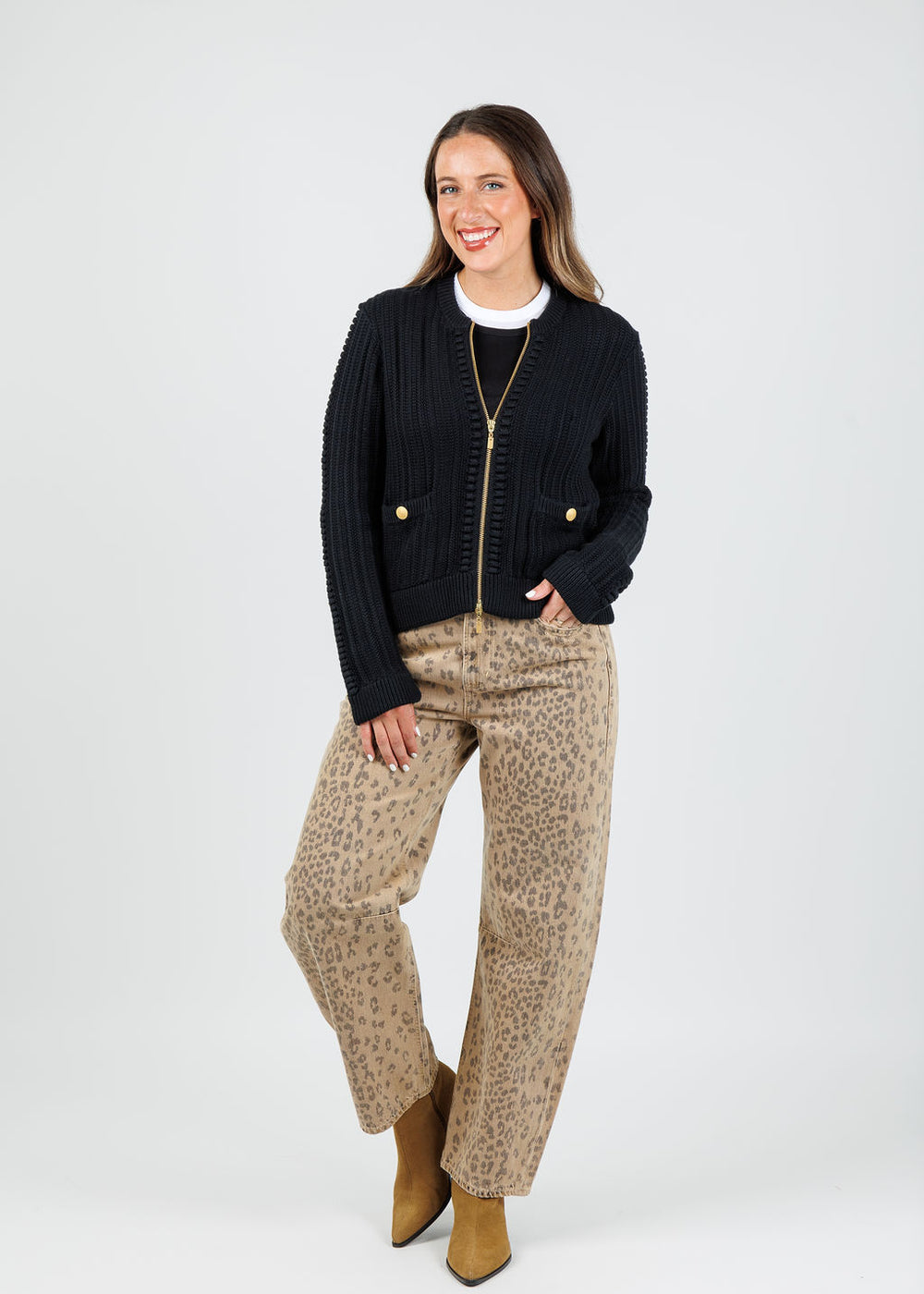 Kinross Clara Bobble Zip Cardigan in Black available at Barbara Katz