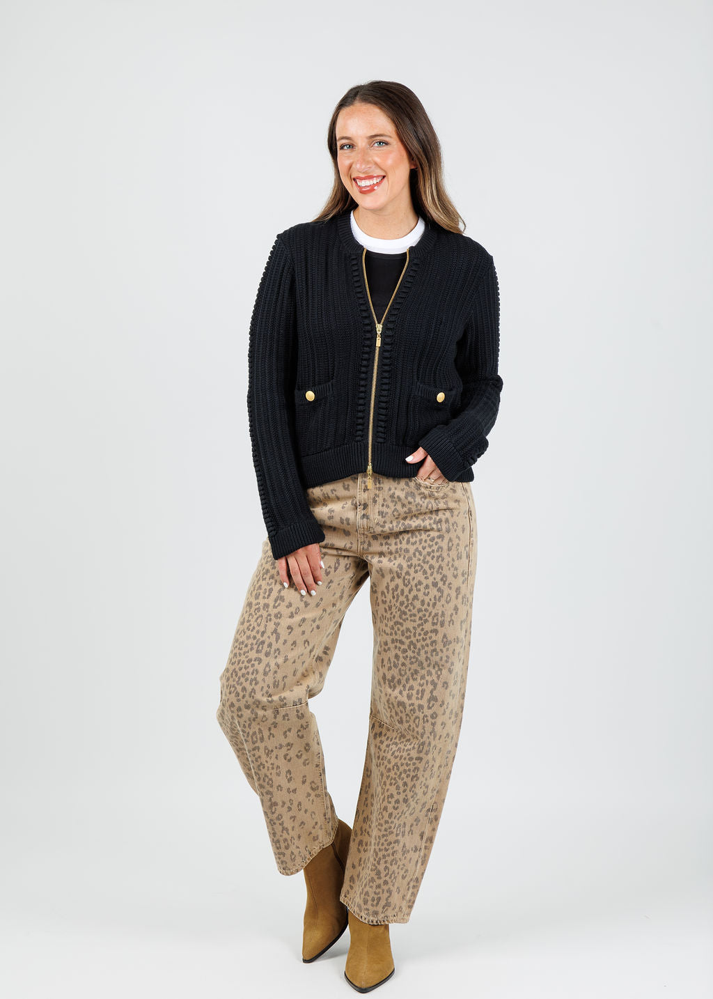 Kinross Clara Bobble Zip Cardigan in Black available at Barbara Katz