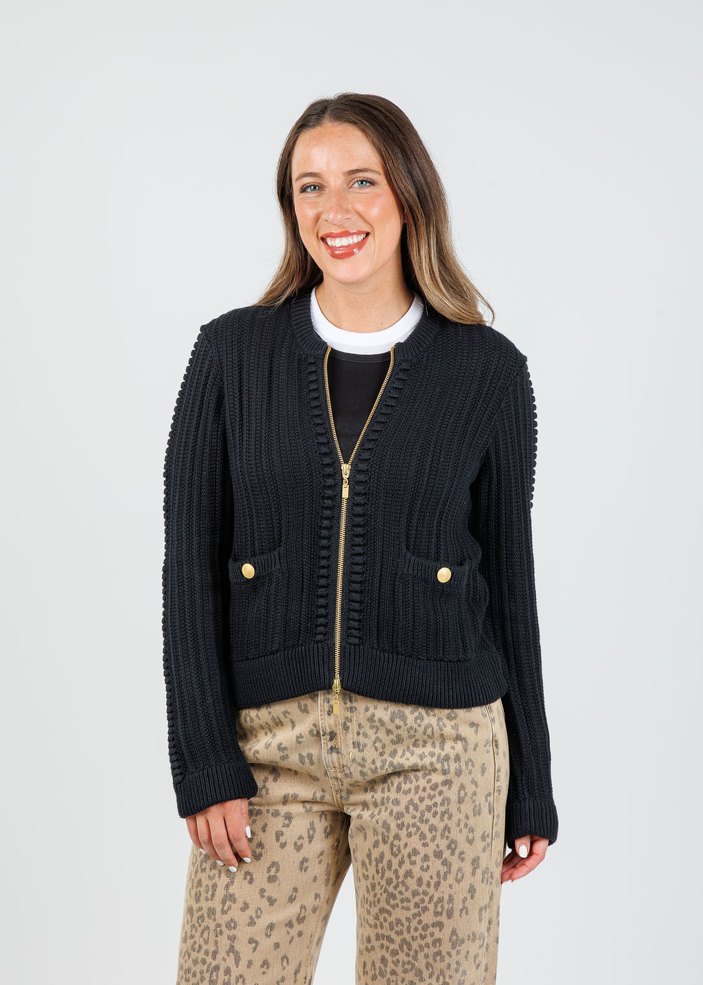 Kinross Clara Bobble Zip Cardigan in Black available at Barbara Katz
