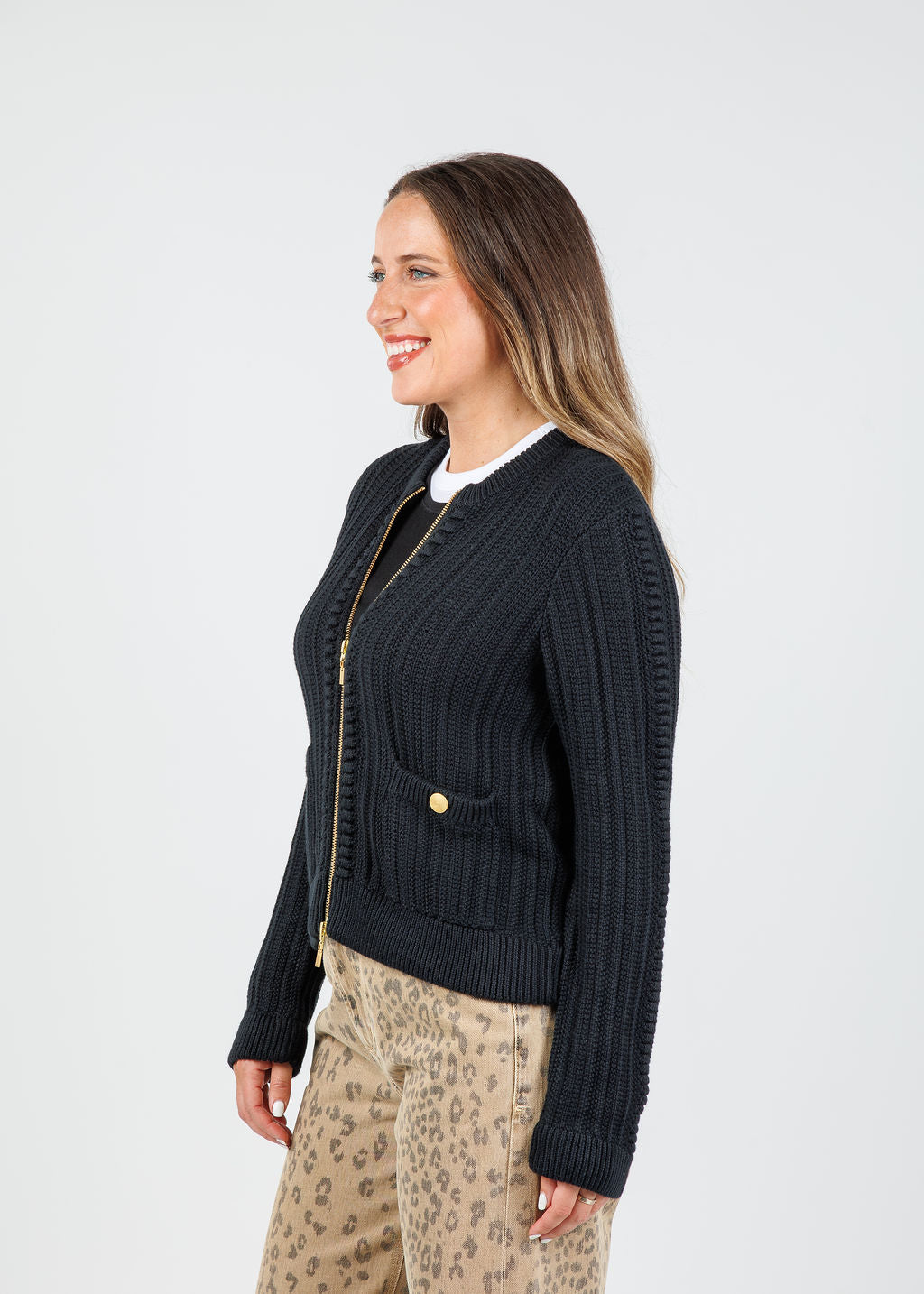 Kinross Clara Bobble Zip Cardigan in Black available at Barbara Katz