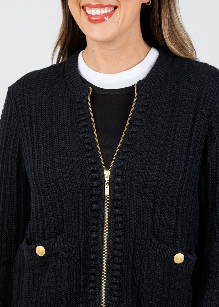 Kinross Clara Bobble Zip Cardigan in Black available at Barbara Katz