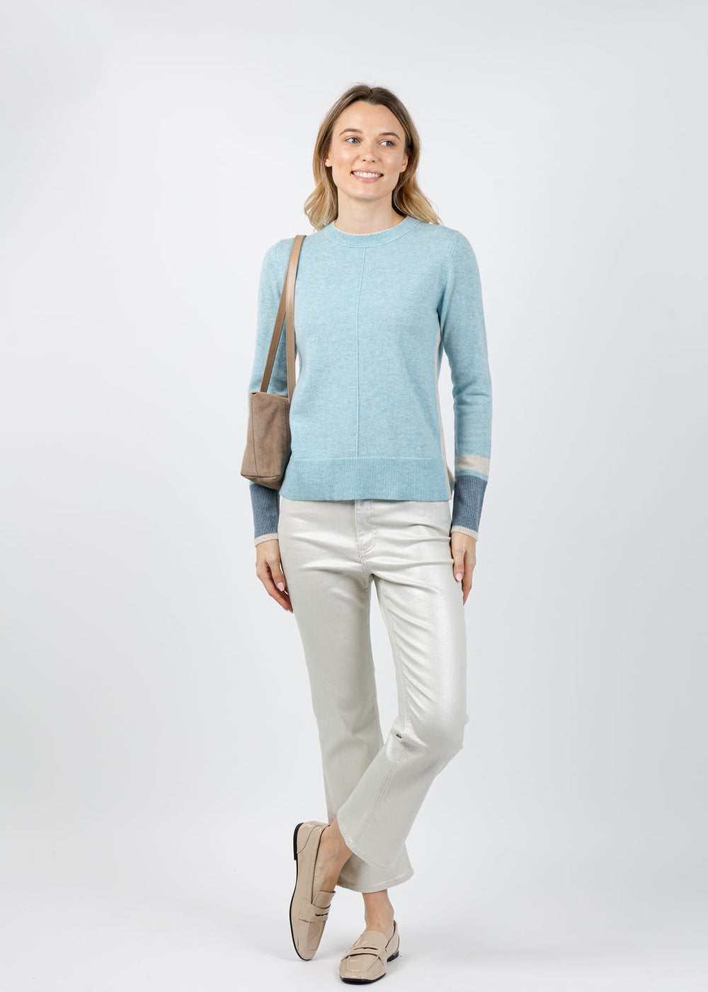 Kinross Color Play Crew Sweater in Island/Dune/Cove available at Barbara Katz