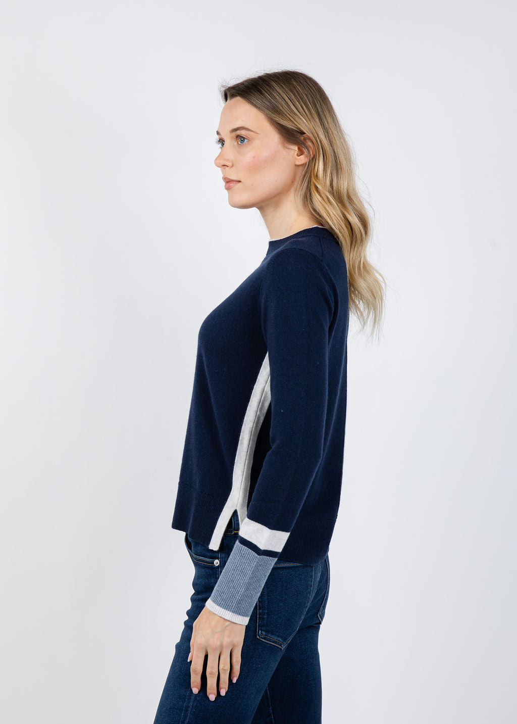Kinross Color Play Crew Sweater in Navy/Whisper/Cove available at Barbara Katz