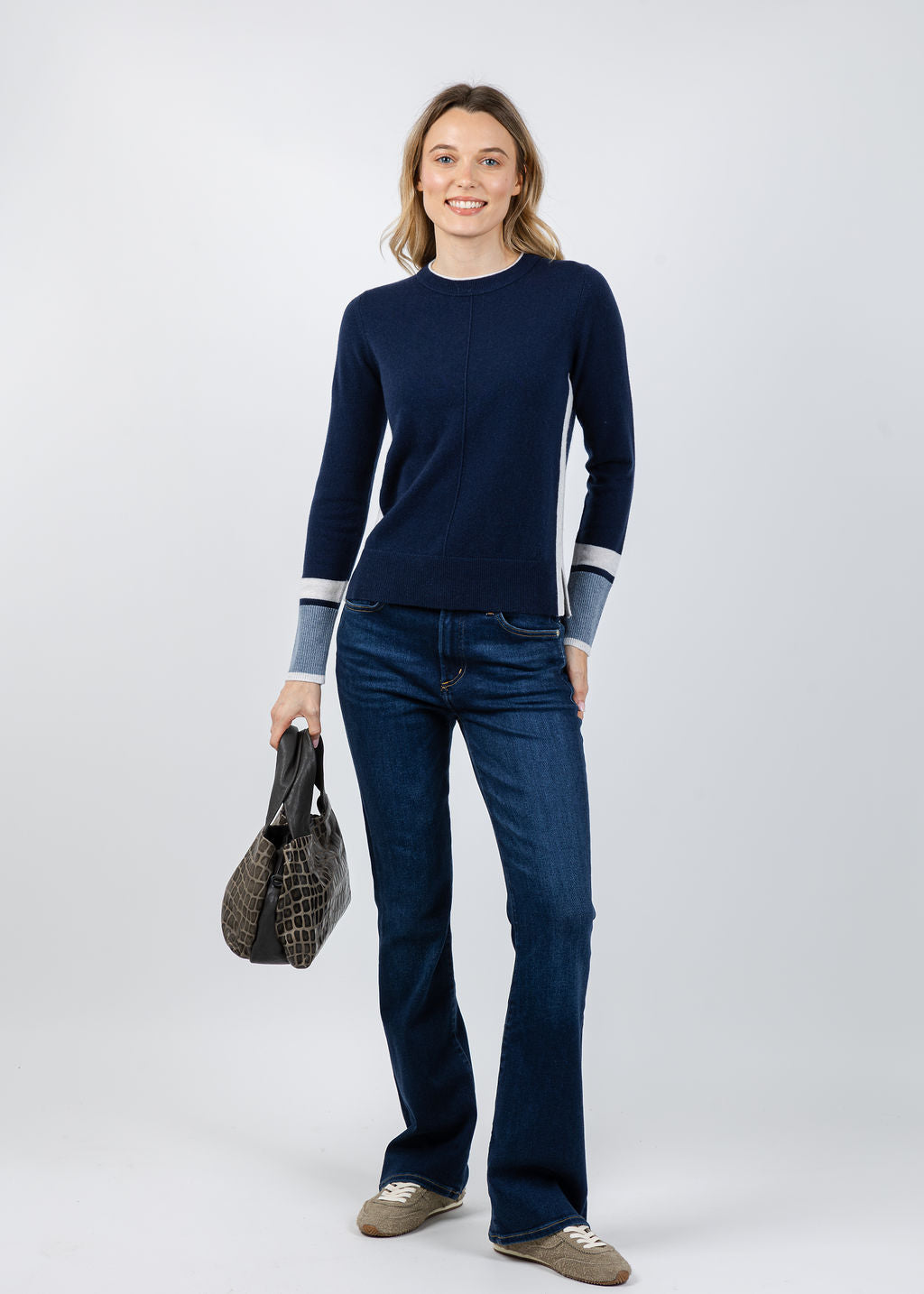 Kinross Color Play Crew Sweater in Navy/Whisper/Cove available at Barbara Katz