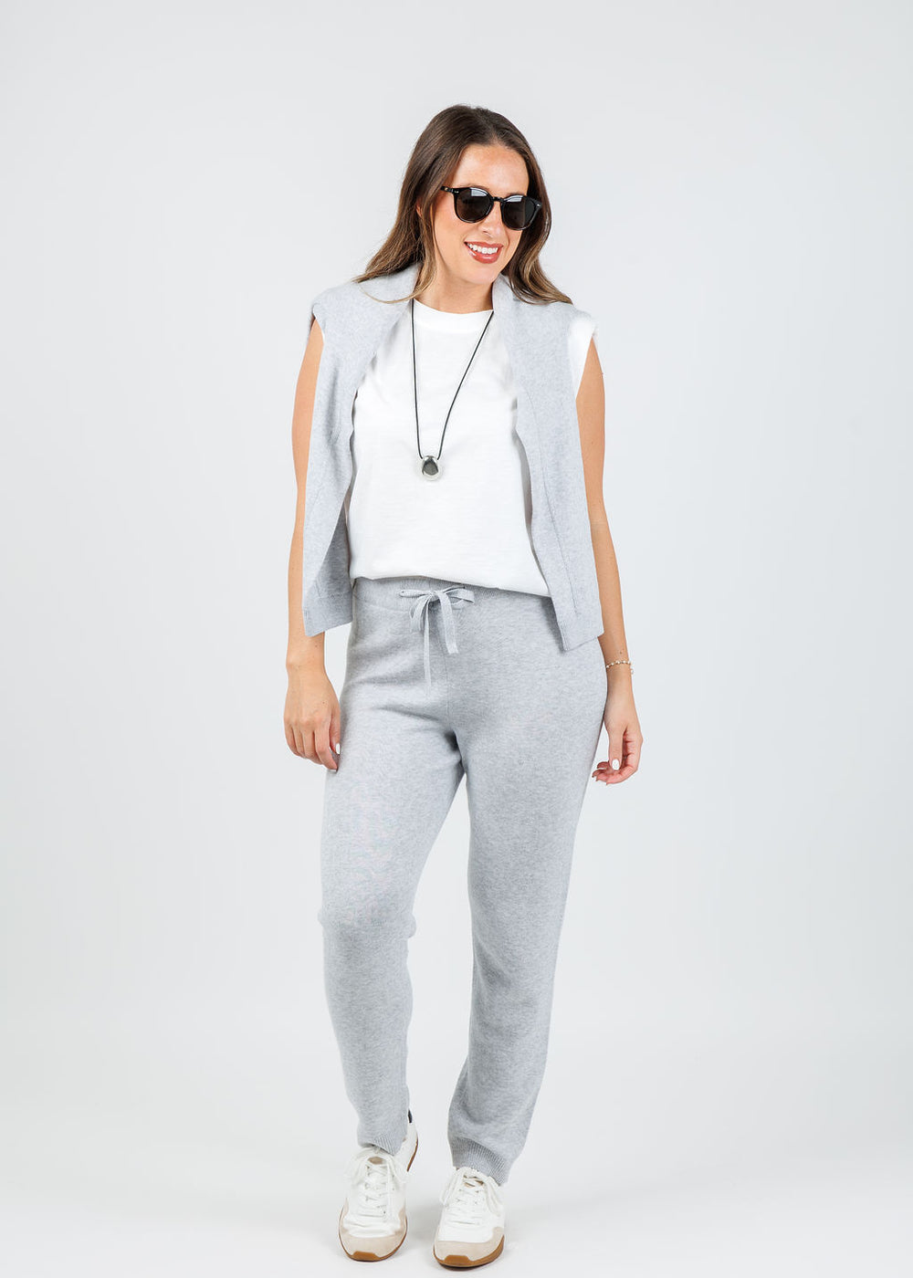 Kinross Cora Lurex Tipped Doubleknit Vee in  Stone Grey available at Barbara Katz