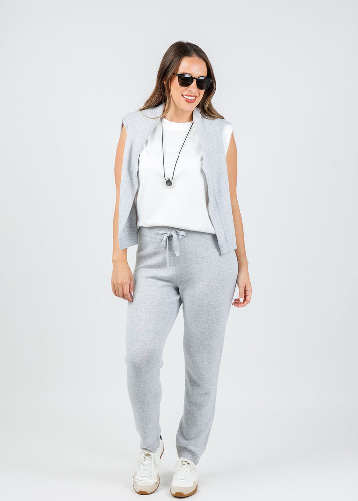 Kinross Cora Lurex Tipped Doubleknit Vee in  Stone Grey available at Barbara Katz