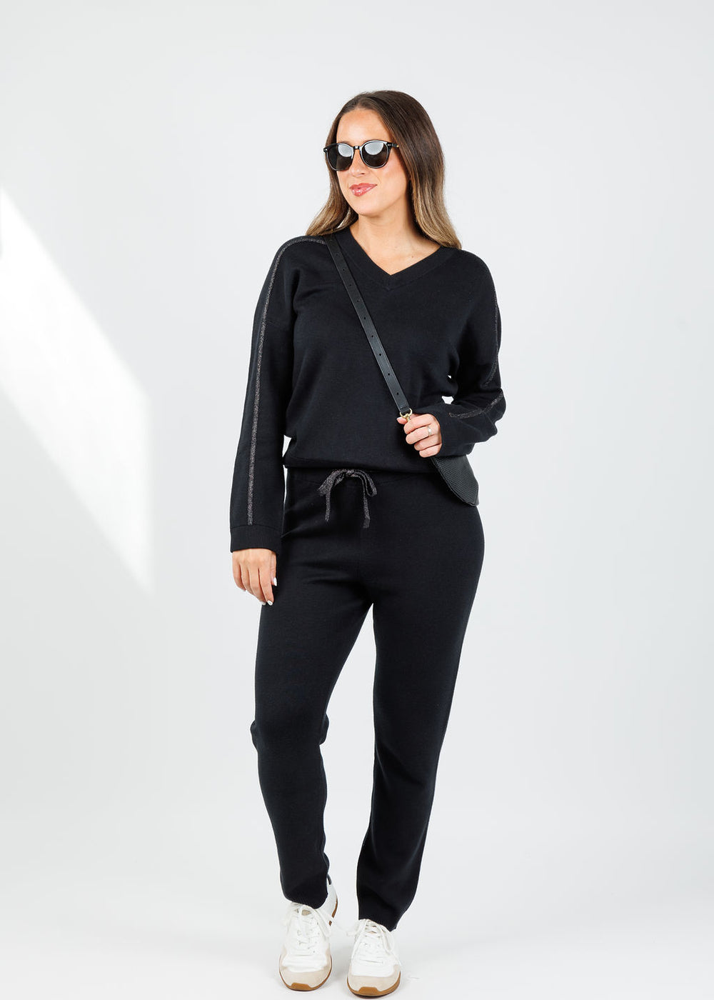 Kinross Cora Lurex Tipped Doubleknit Vee in  Black paired with matching Kinross Cora Doubleknit Joggers available at Barbara Katz