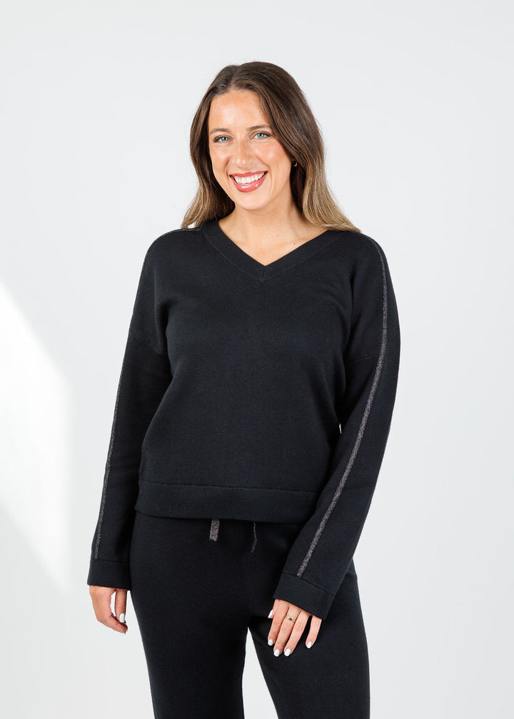 Kinross Cora Lurex Tipped Doubleknit Vee in  Black available at Barbara Katz