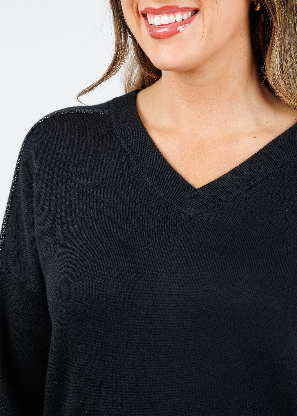Kinross Cora Lurex Tipped Doubleknit Vee in  Black available at Barbara Katz