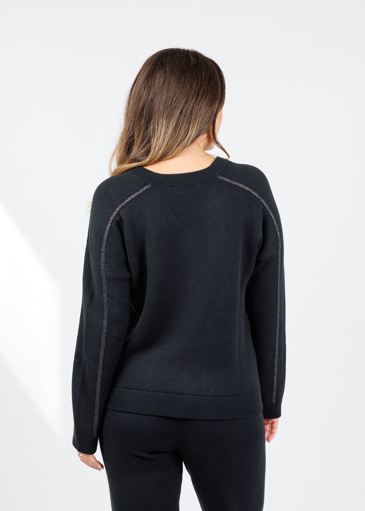 Kinross Cora Lurex Tipped Doubleknit Vee in  Black available at Barbara Katz