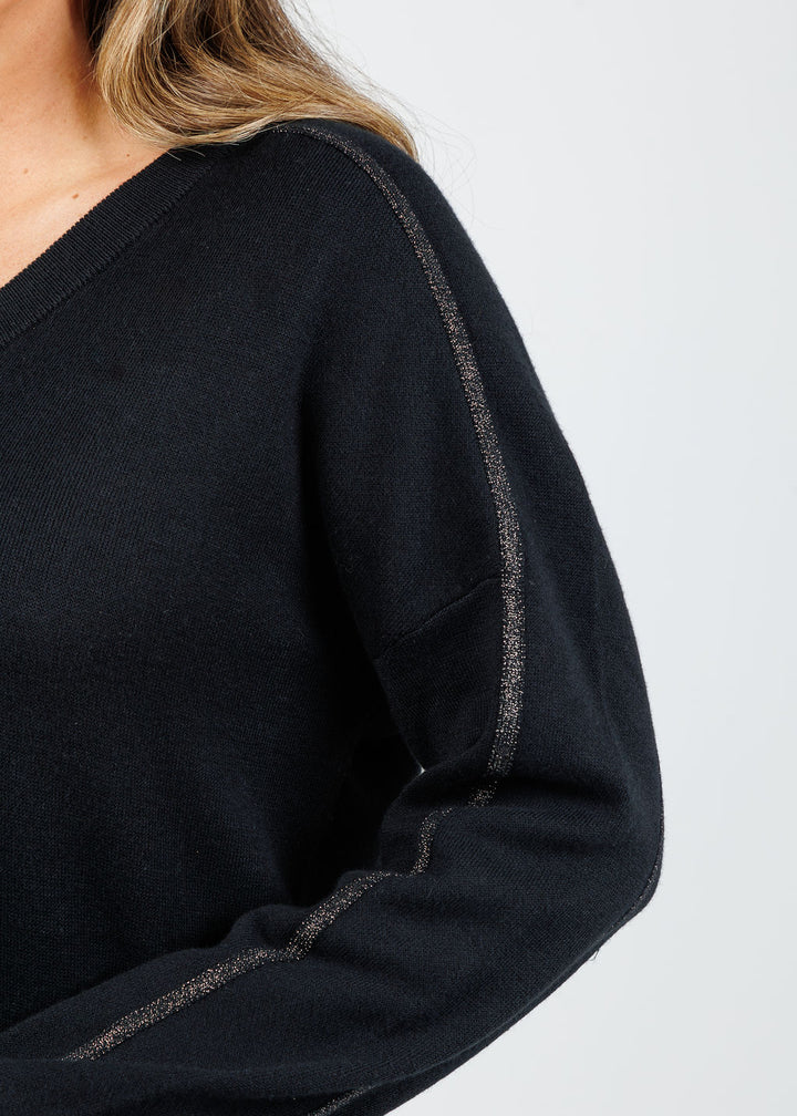 Kinross Cora Lurex Tipped Doubleknit Vee in  Black available at Barbara Katz