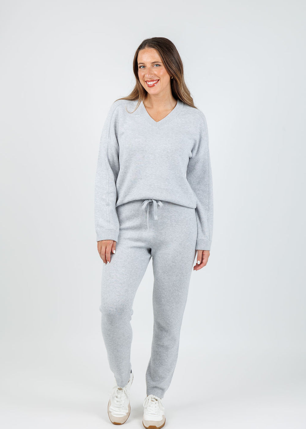 Kinross Cora Lurex Tipped Doubleknit Vee in  Stone Grey paired with matching Kinross Cora Doubleknit Joggers available at Barbara Katz