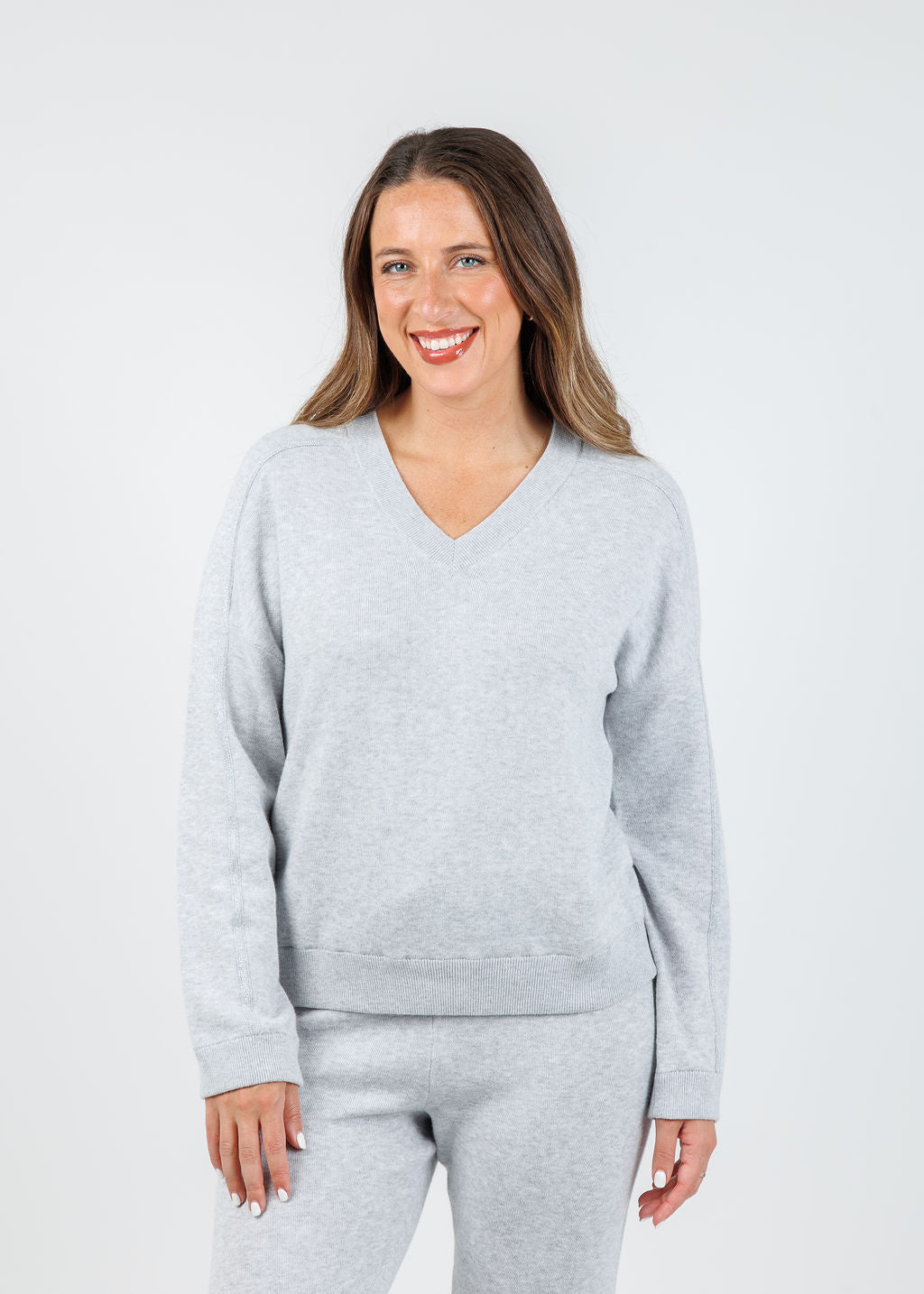 Kinross Cora Lurex Tipped Doubleknit Vee in  Stone Grey available at Barbara Katz
