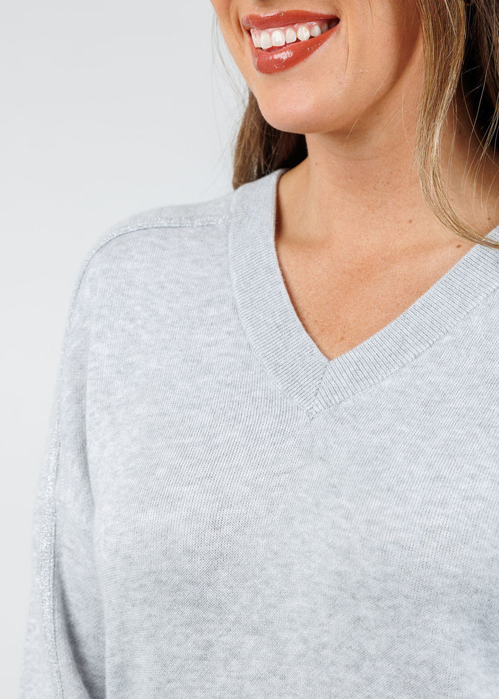 Kinross Cora Lurex Tipped Doubleknit Vee in  Stone Grey available at Barbara Katz