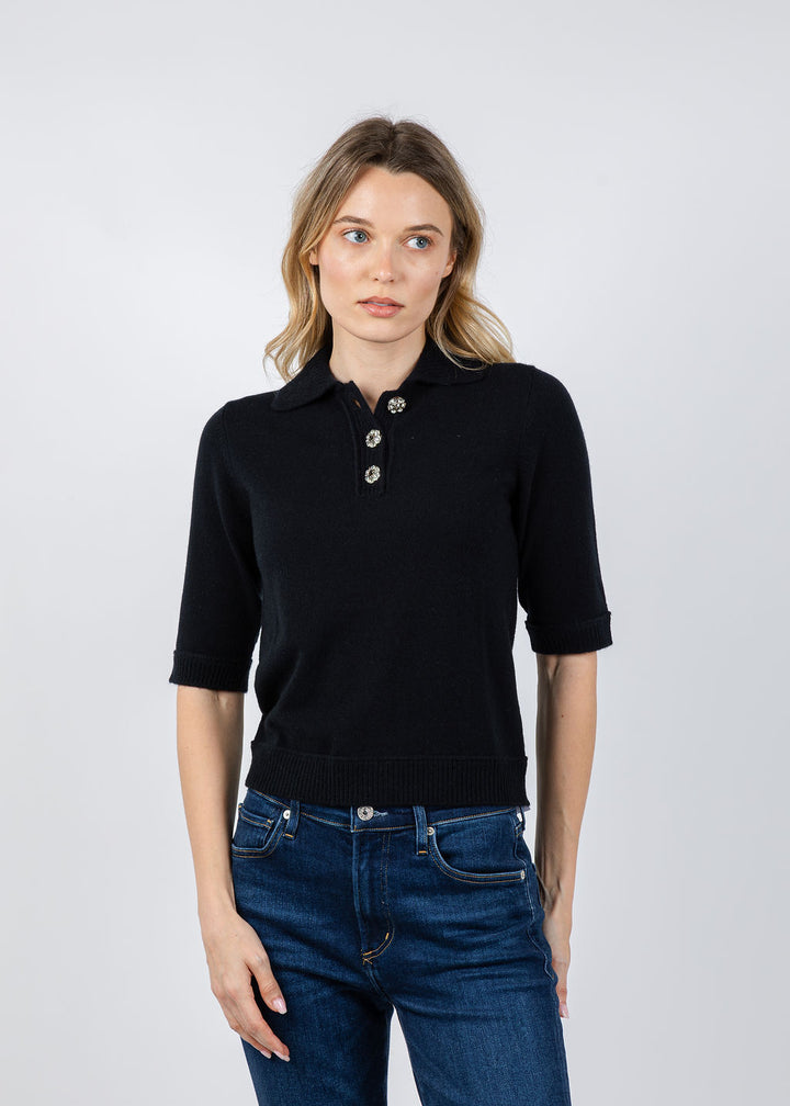 Kinross Crystal Button Elbow Sleeve Polo in Black available at Barbara Katz