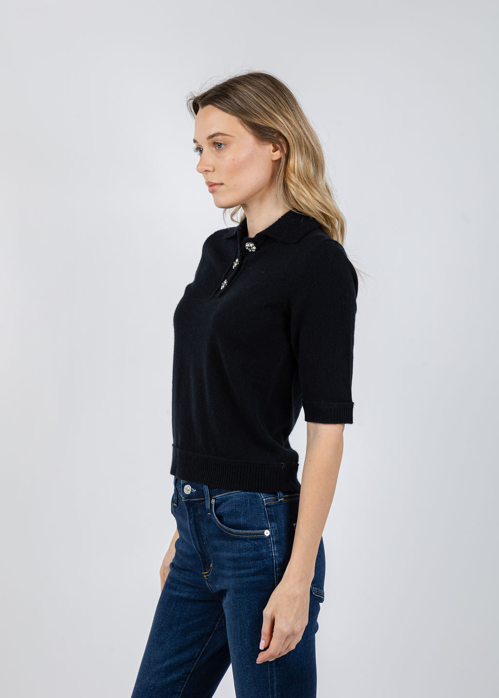 Kinross Crystal Button Elbow Sleeve Polo in Black available at Barbara Katz