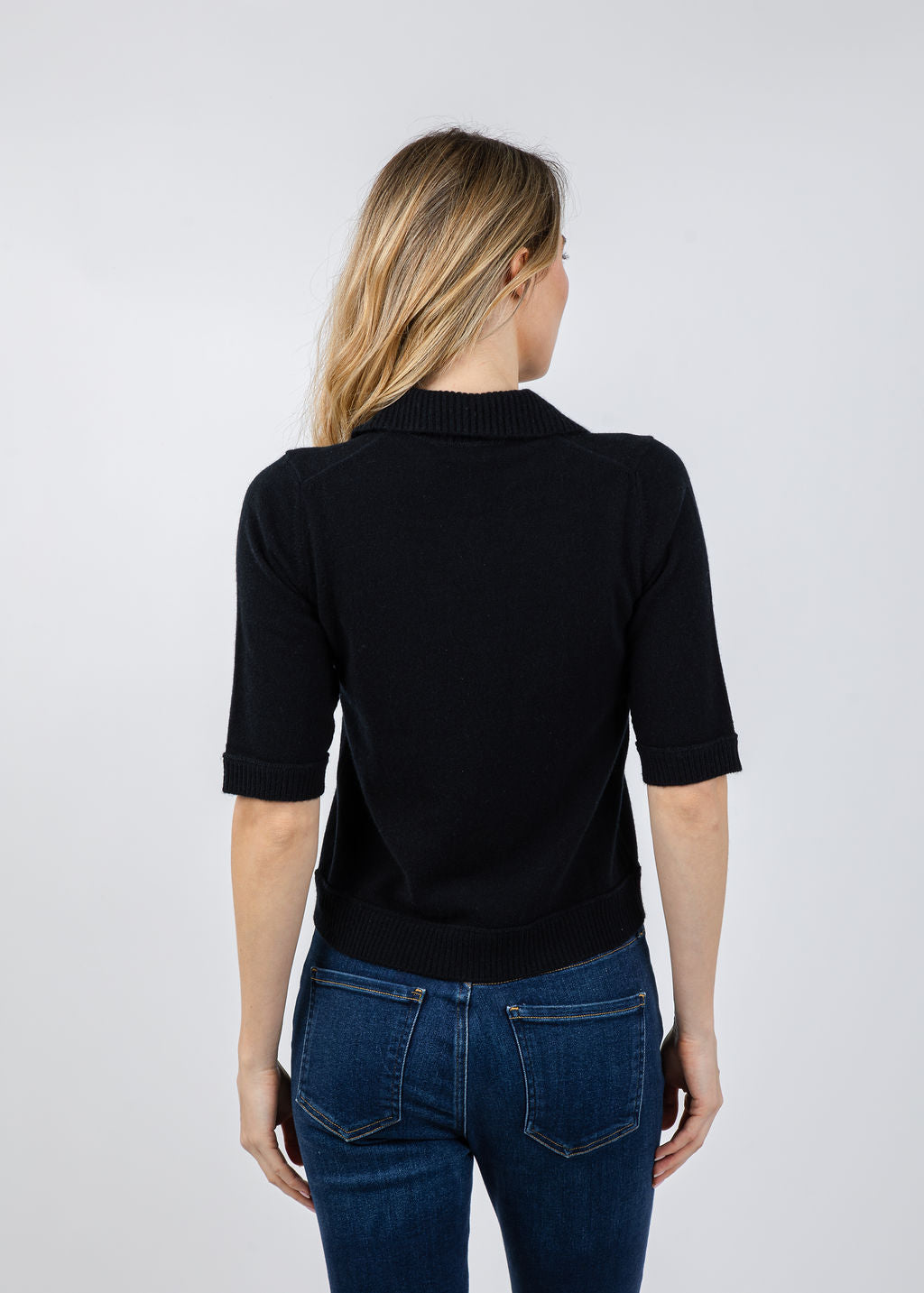 Kinross Crystal Button Elbow Sleeve Polo in Black available at Barbara Katz