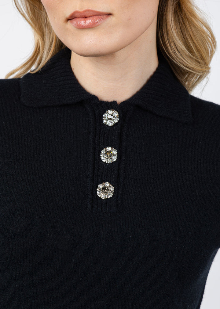 Kinross Crystal Button Elbow Sleeve Polo in Black available at Barbara Katz