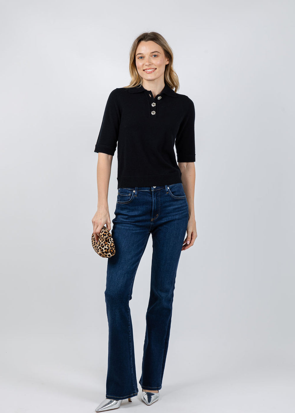 Kinross Crystal Button Elbow Sleeve Polo in Black available at Barbara Katz