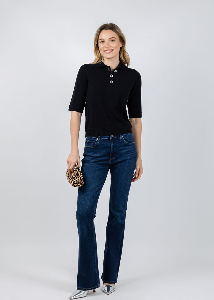 Kinross Crystal Button Elbow Sleeve Polo in Black available at Barbara Katz