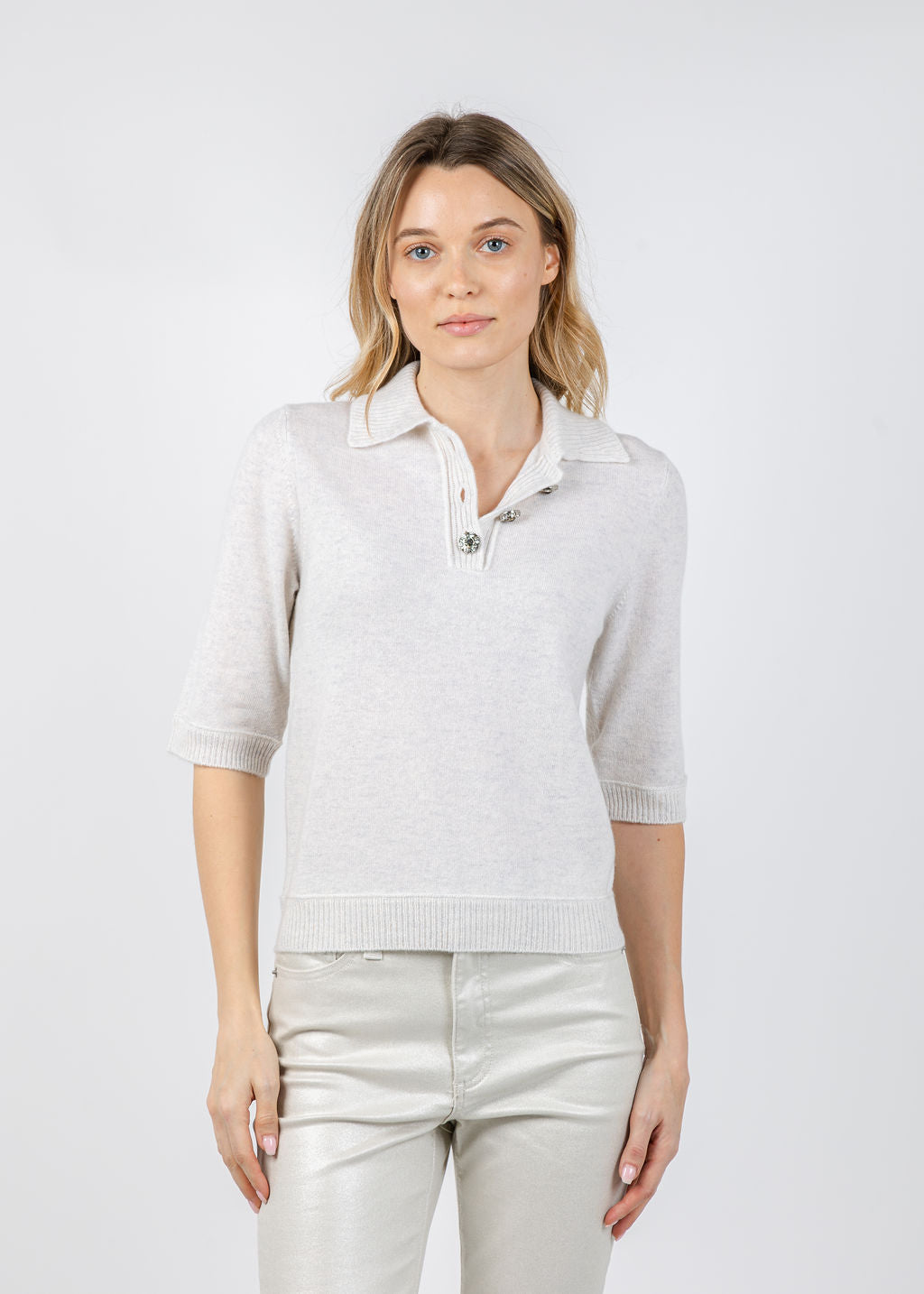 Kinross Crystal Button Elbow Sleeve Polo in Whisper available at Barbara Katz