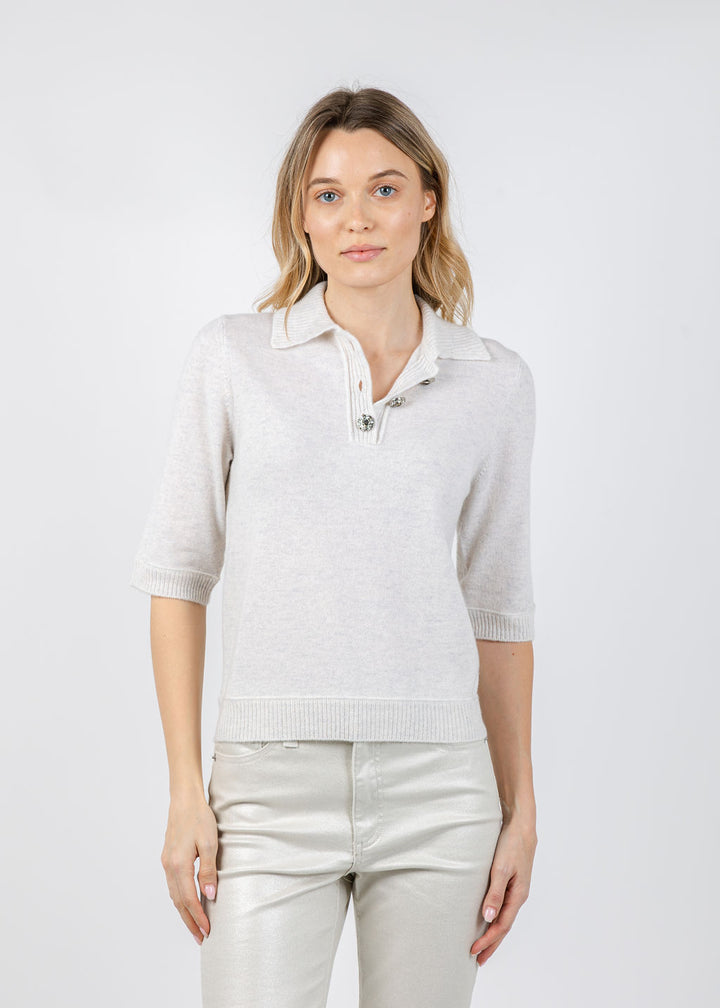 Kinross Crystal Button Elbow Sleeve Polo in Whisper available at Barbara Katz