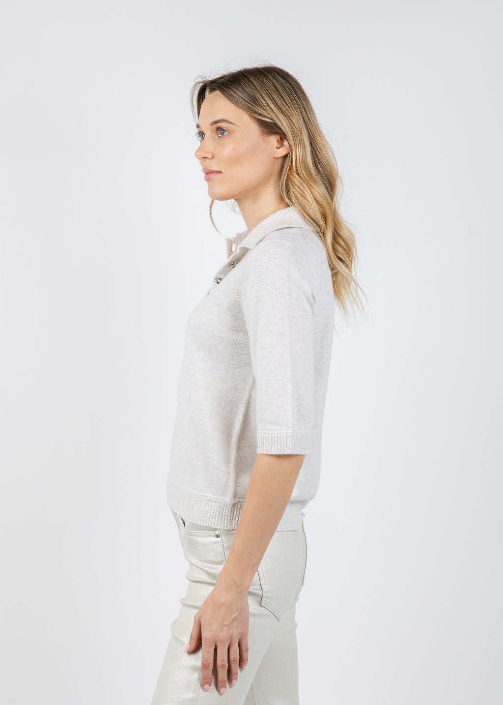 Kinross Crystal Button Elbow Sleeve Polo in Whisper available at Barbara Katz