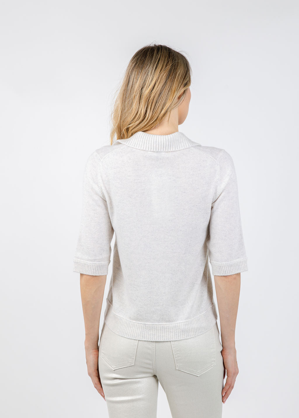 Kinross Crystal Button Elbow Sleeve Polo in Whisper available at Barbara Katz