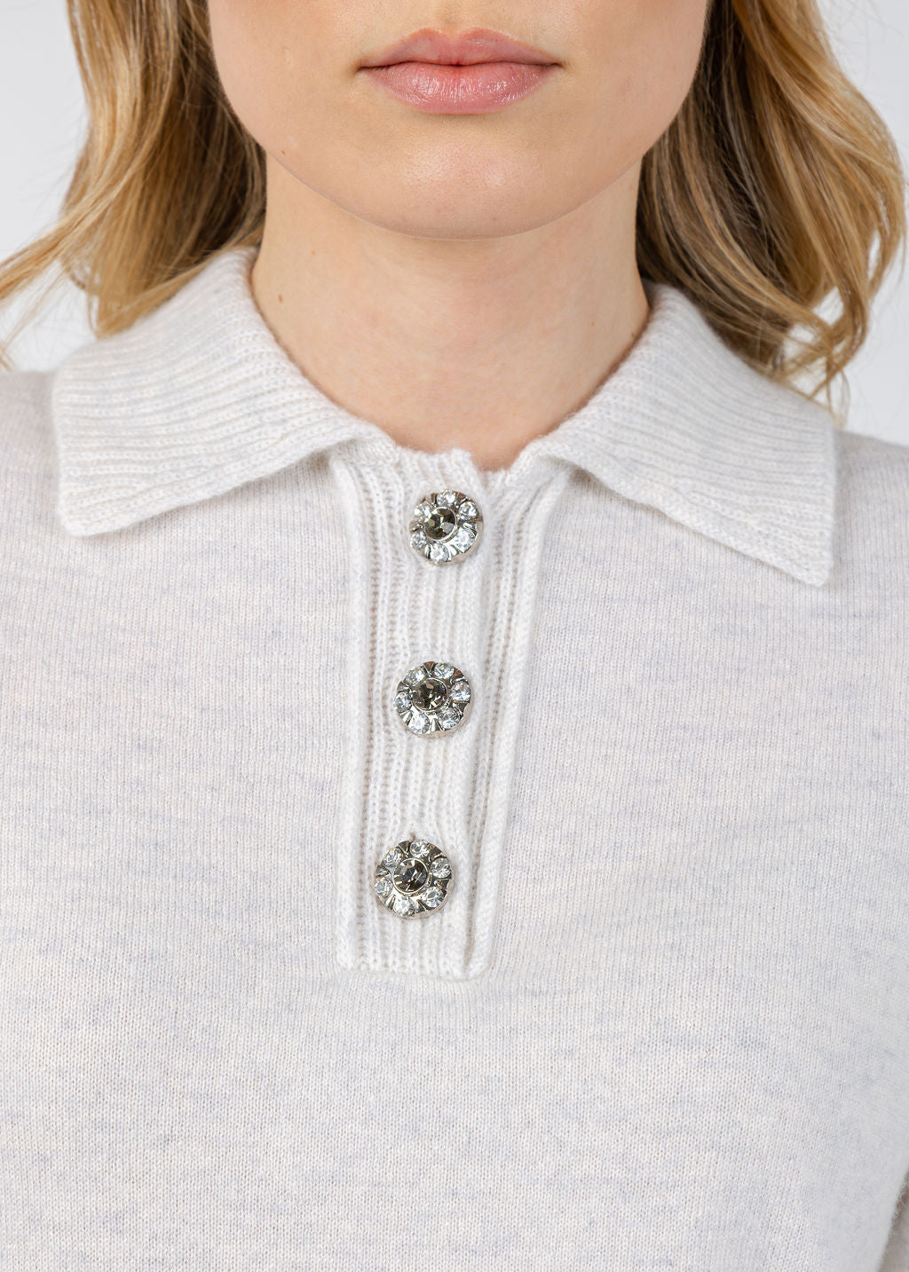 Kinross Crystal Button Elbow Sleeve Polo in Whisper available at Barbara Katz