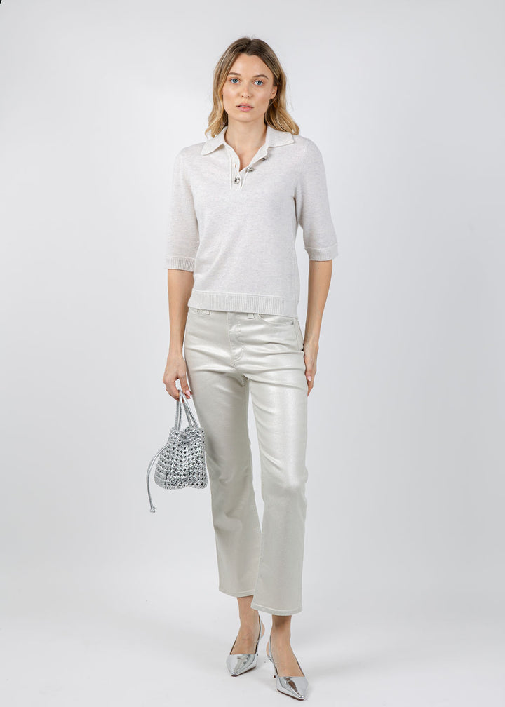 Kinross Crystal Button Elbow Sleeve Polo in Whisper available at Barbara Katz