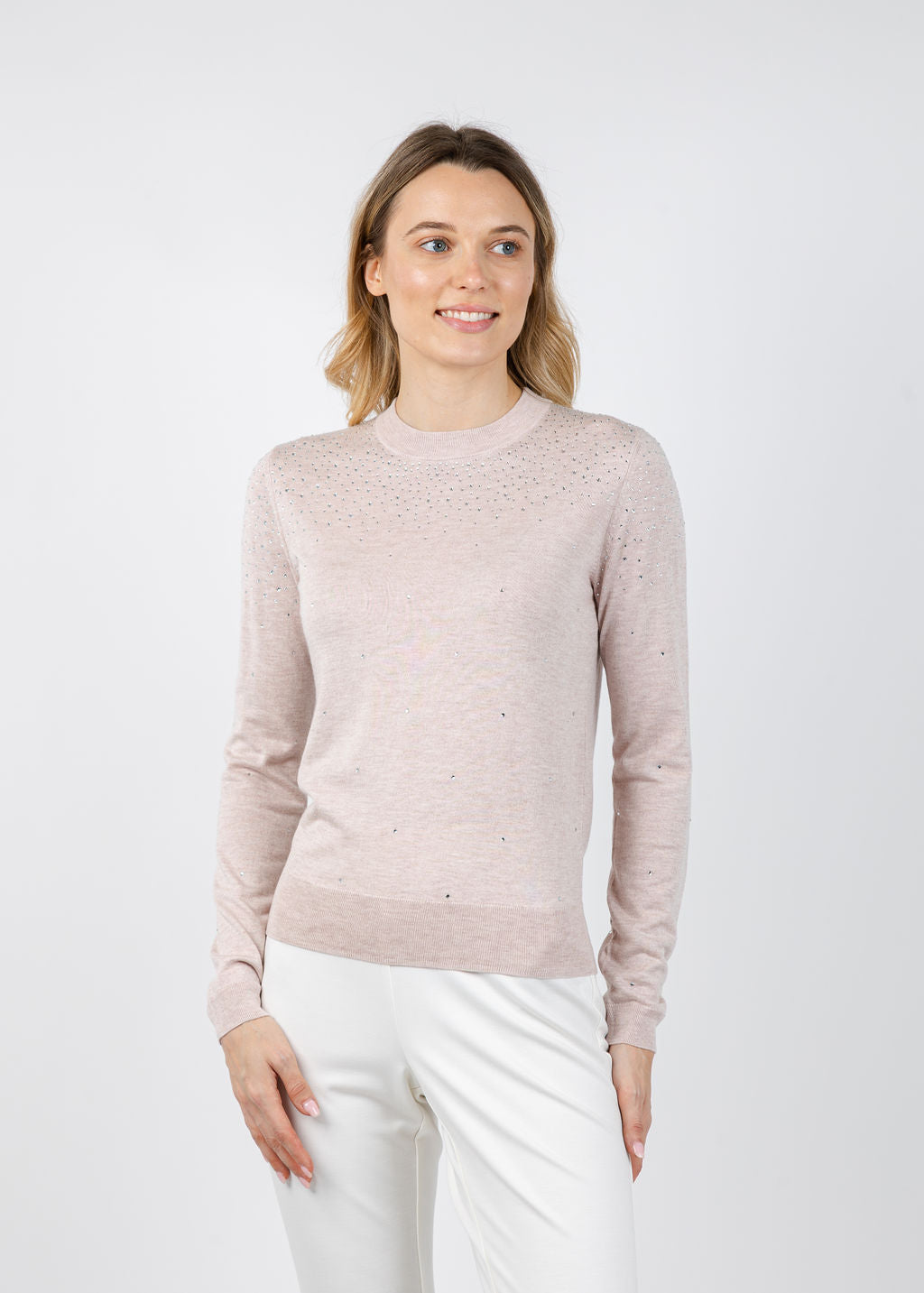 Kinross Crystal Crew Sweater in Cameo available at Barbara Katz