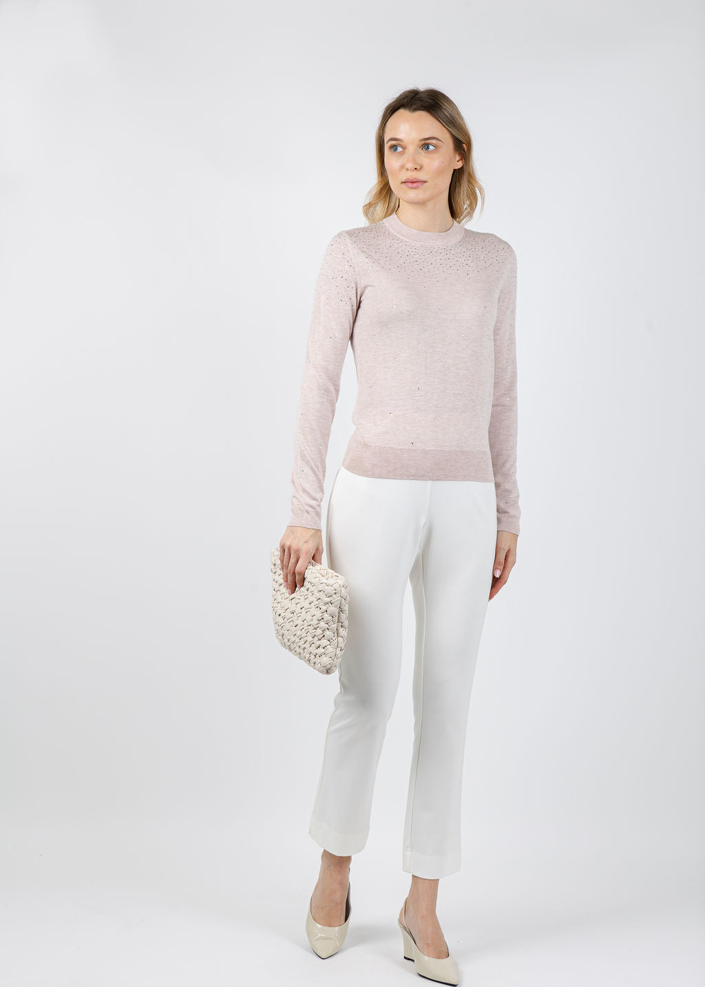 Kinross Crystal Crew Sweater in Cameo available at Barbara Katz