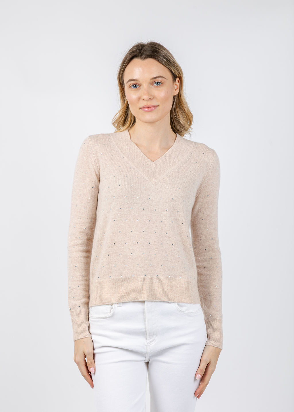 Kinross Crystal V-Neck Sweater in Cameo available at Barbara Katz