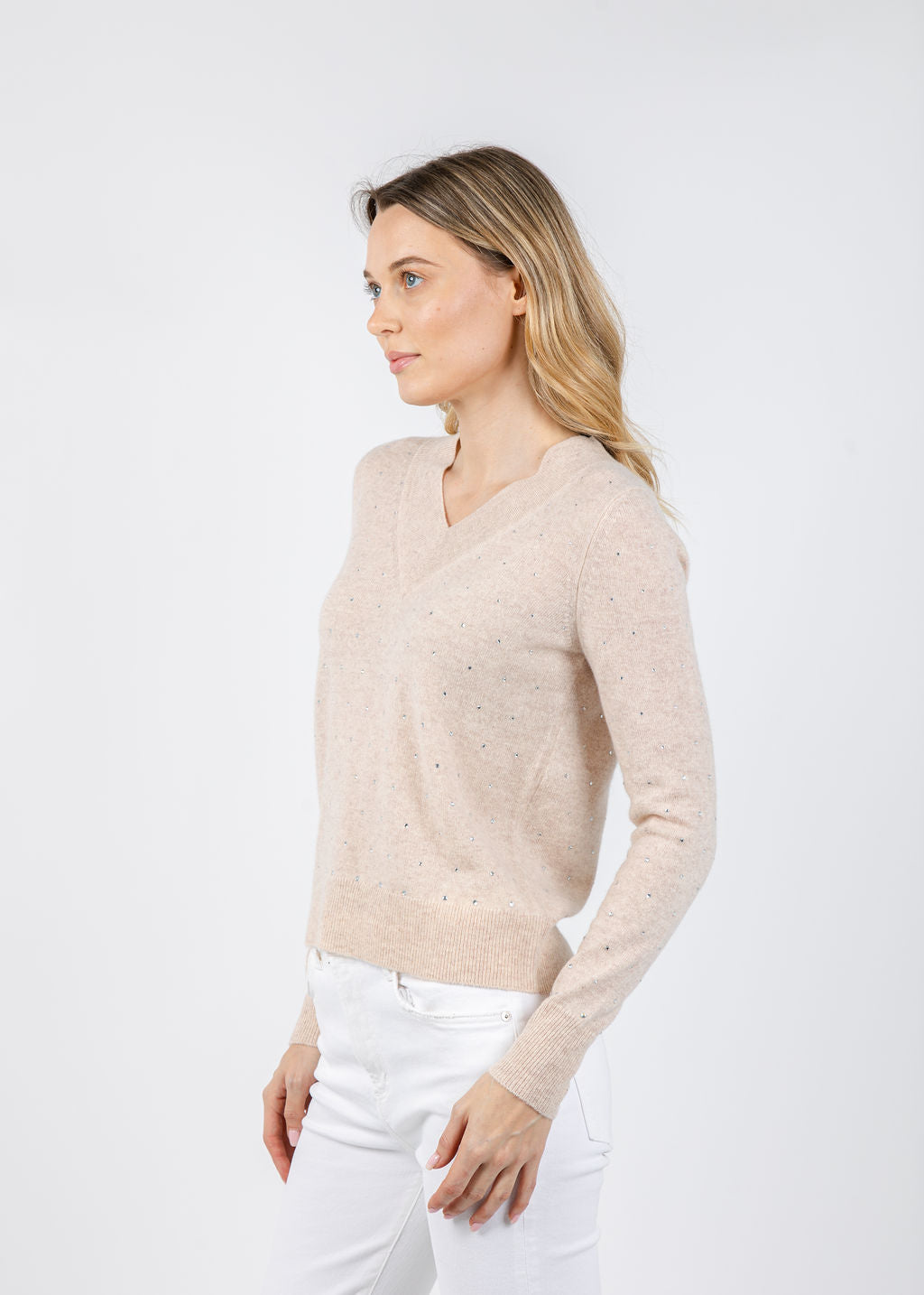 Kinross Crystal V-Neck Sweater in Cameo available at Barbara Katz