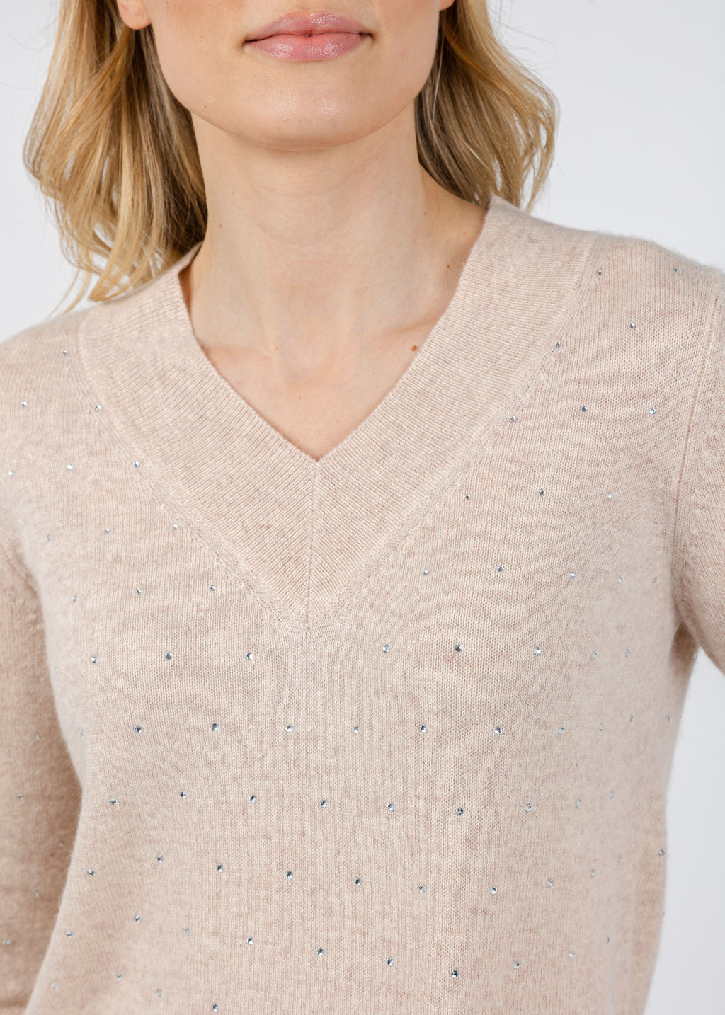 Kinross Crystal V-Neck Sweater in Cameo available at Barbara Katz