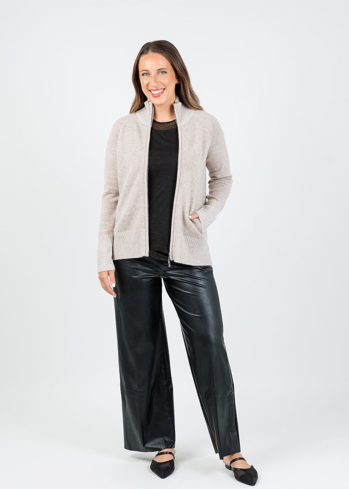 Kinross Danica Plaited Zip Cardigan in Taupe Pearl available at Barbara Katz