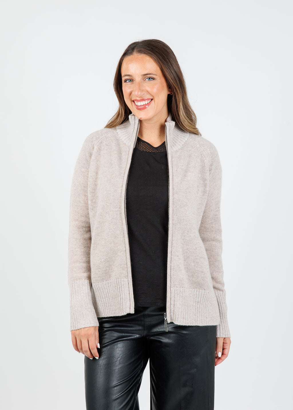 Kinross Danica Plaited Zip Cardigan in Taupe Pearl available at Barbara Katz