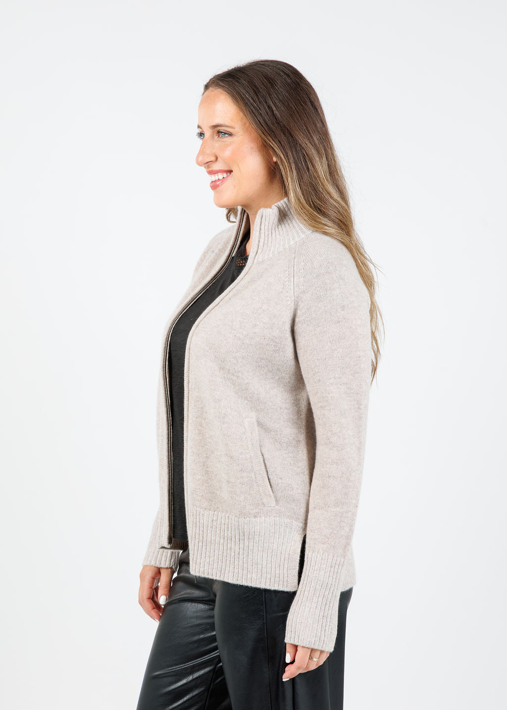 Kinross Danica Plaited Zip Cardigan in Taupe Pearl available at Barbara Katz