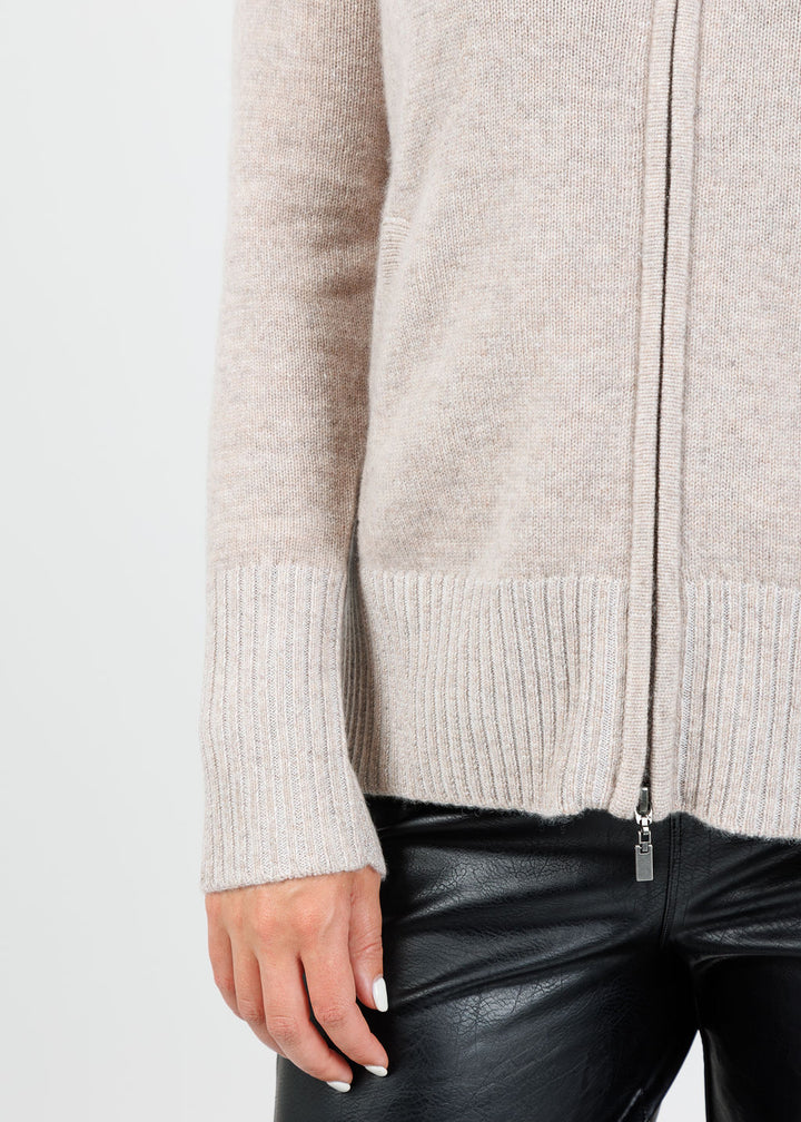 Kinross Danica Plaited Zip Cardigan in Taupe Pearl available at Barbara Katz