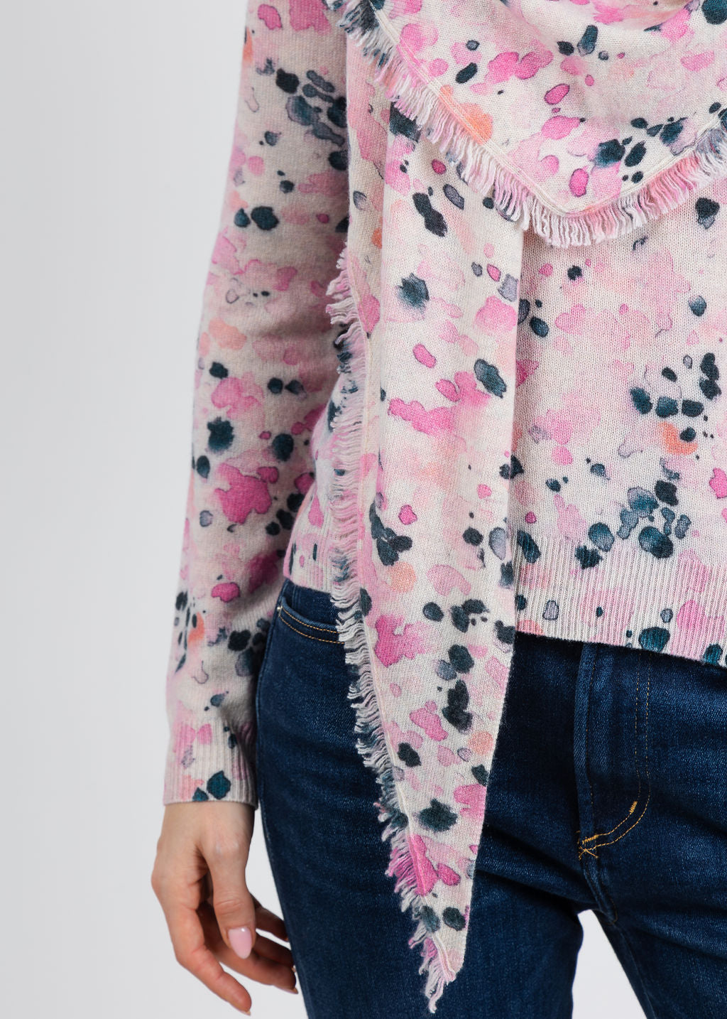 Kinross Cashmere Droplet Print Fringe Triangle Wrap in Dahlia Multi available at Barbara Katz