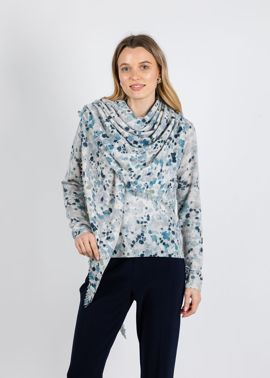 Kinross Droplet Print Fringe Triangle Wrap in Skyway Multi available at Barbara Katz