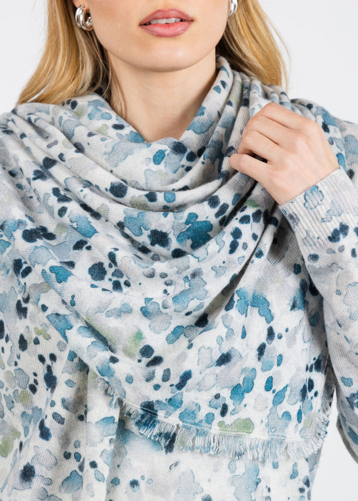 Kinross Droplet Print Fringe Triangle Wrap in Skyway Multi available at Barbara Katz