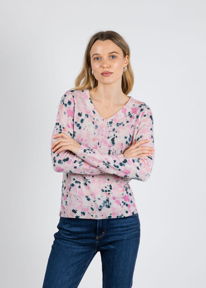 Kinross Cashmere Droplet Print Vee Sweater in Dahlia Multi available at Barbara Katz