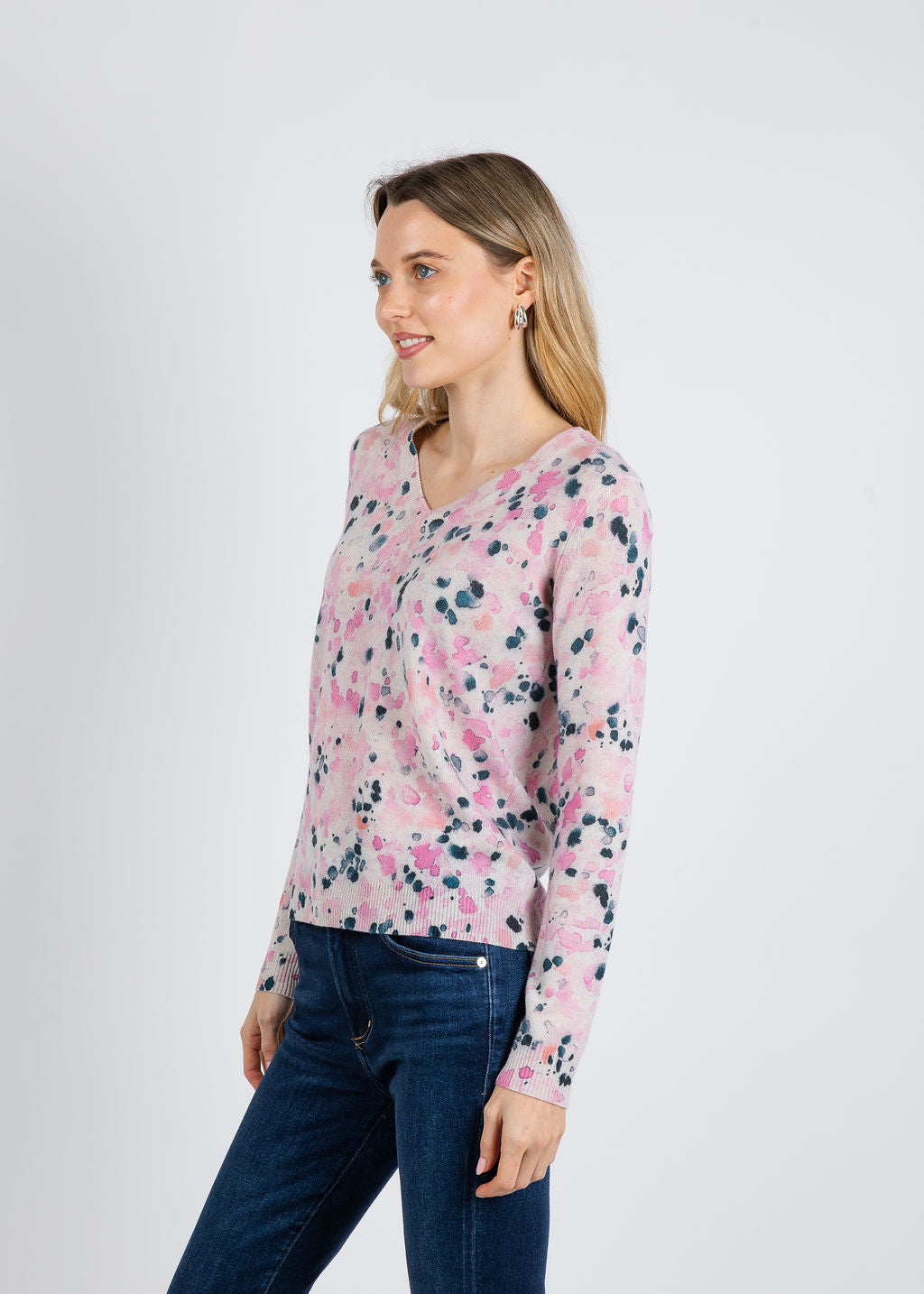 Kinross Droplet Print Vee Sweater in Dahlia Multi available at Barbara Katz