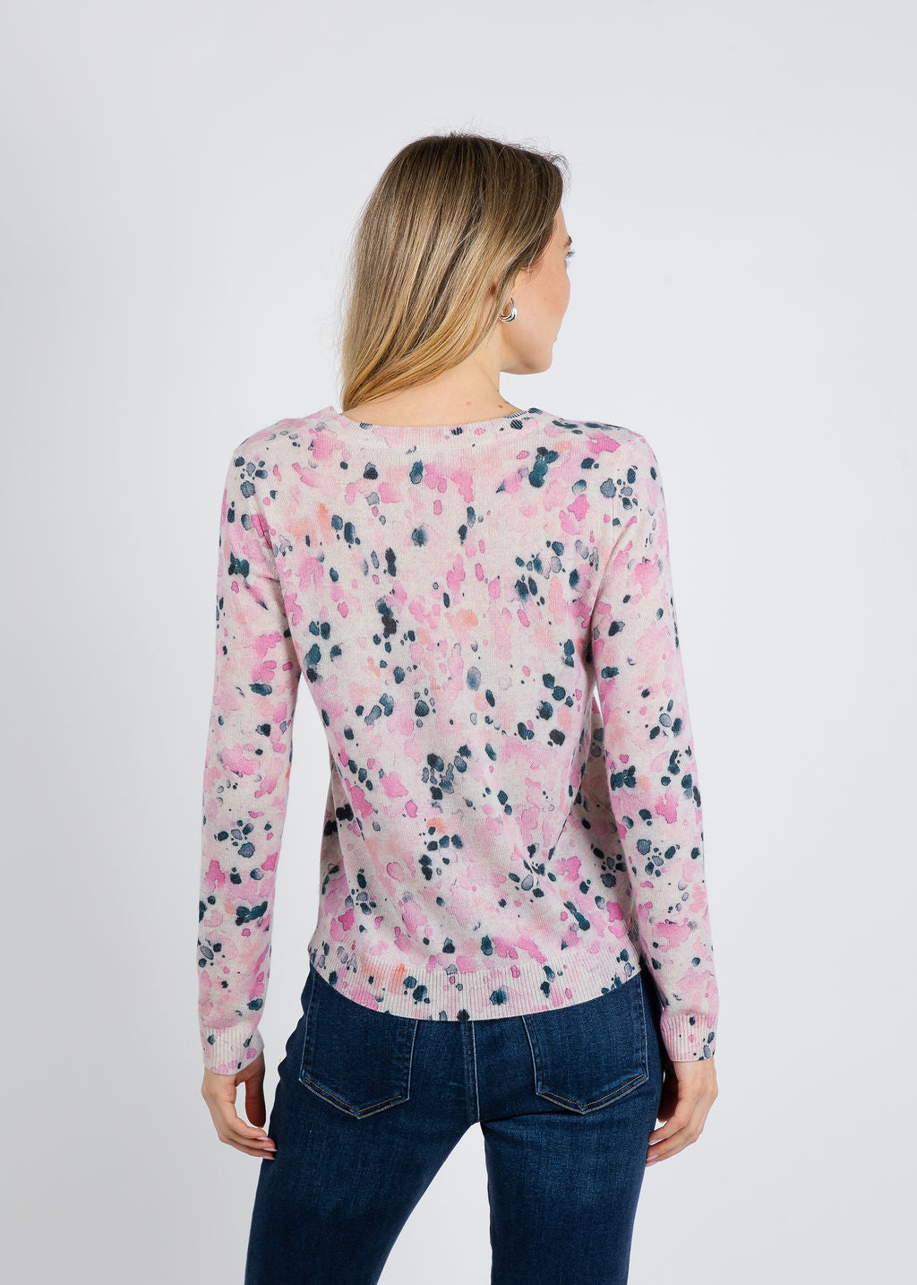 Kinross Droplet Print Vee Sweater in Dahlia Multi available at Barbara Katz