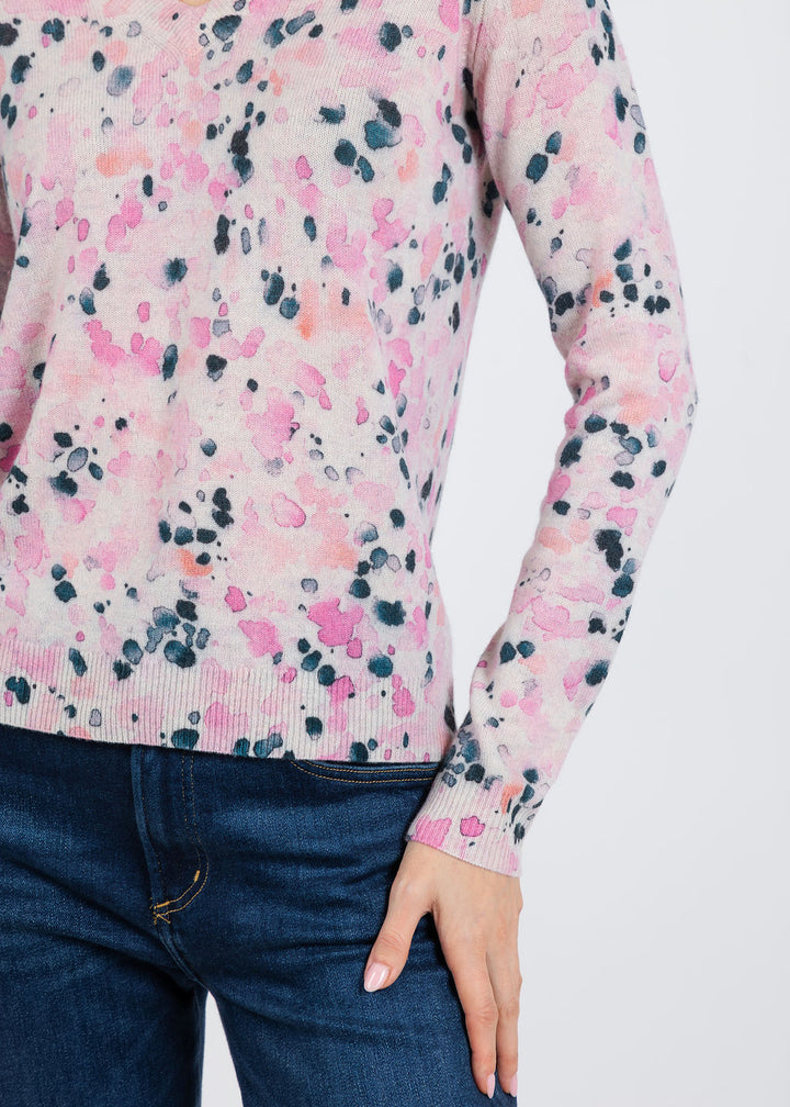 Kinross Droplet Print Vee Sweater in Dahlia Multi available at Barbara Katz