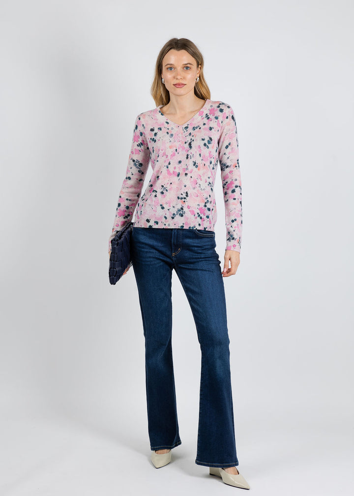 Kinross Droplet Print Vee Sweater in Dahlia Multi available at Barbara Katz