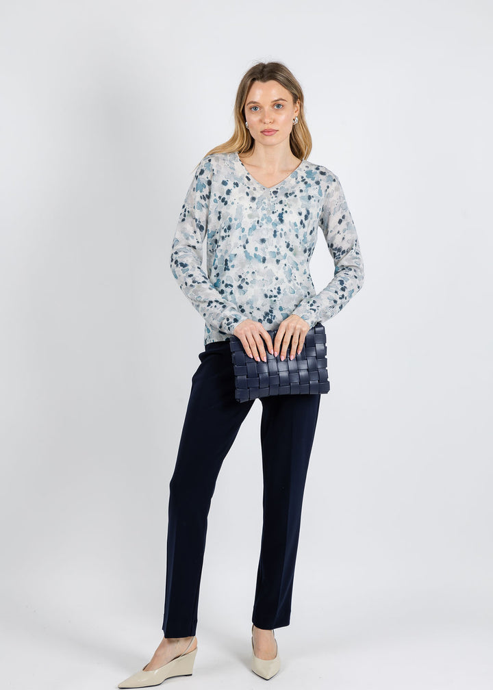 Kinross Droplet Print Vee Sweater in Skyway Multi available at Barbara Katz
