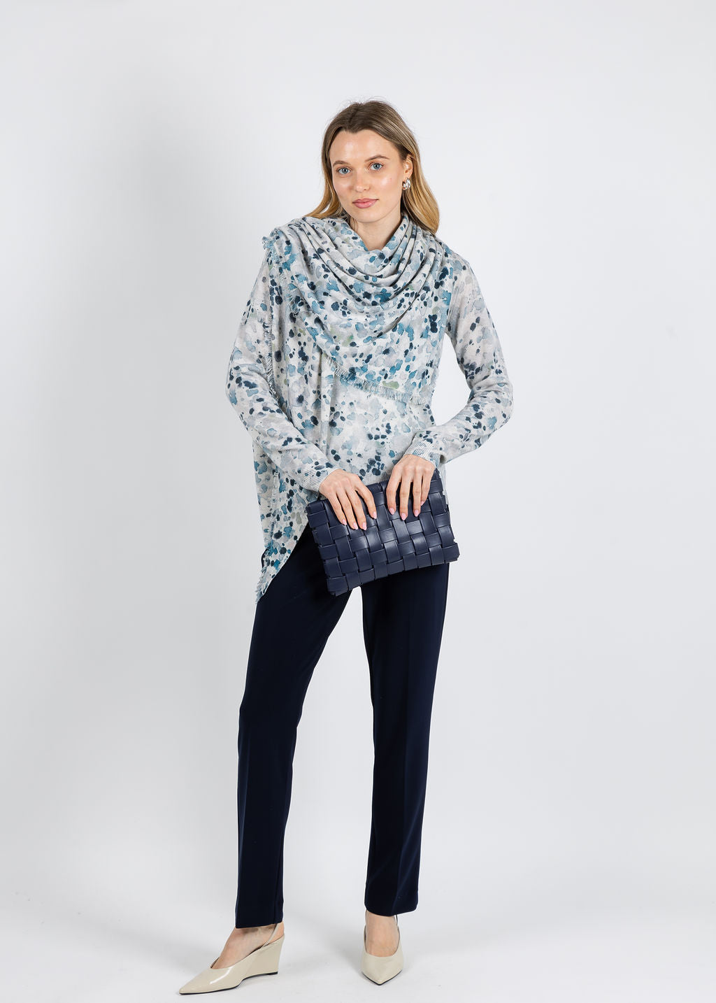 Kinross Droplet Print Vee Sweater and Fringe Triangle Wrap in Skyway Multi available at Barbara Katz