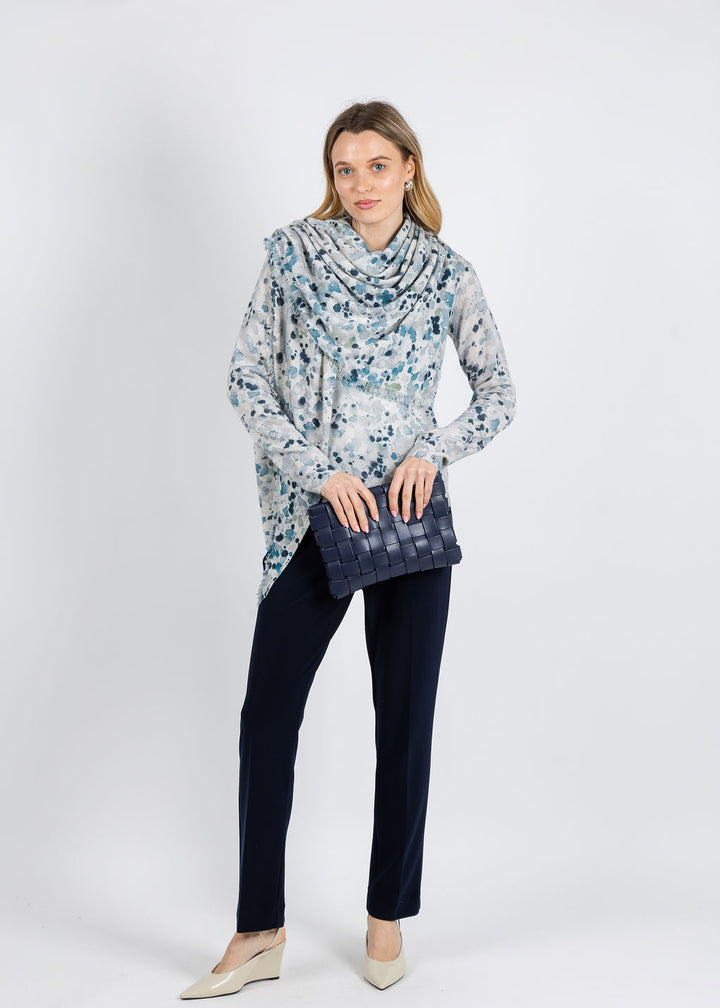 Kinross Droplet Print Vee Sweater and Fringe Triangle Wrap in Skyway Multi available at Barbara Katz